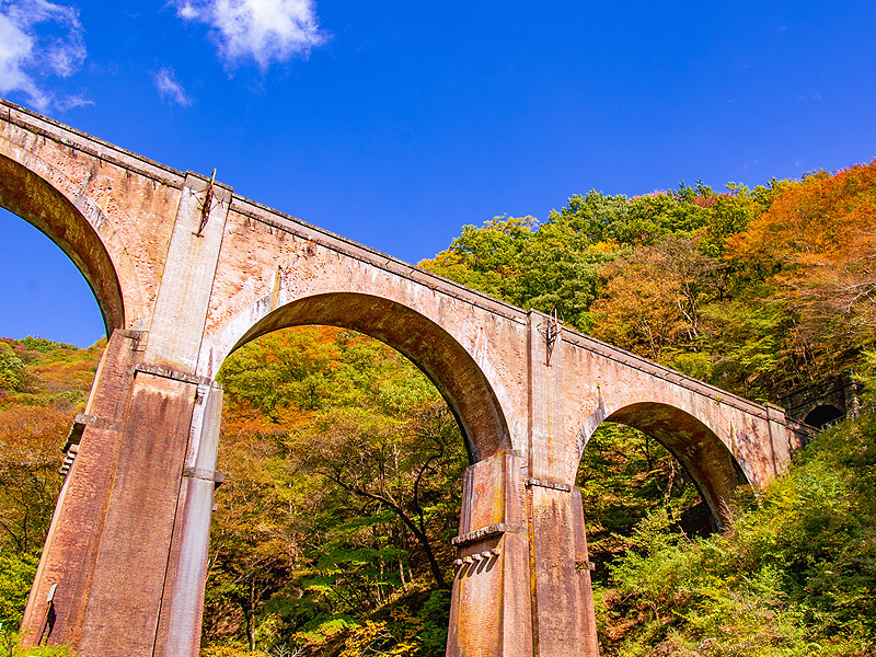【碓氷峠】紅葉が包む、幻のアプト式廃線跡へ！日本初の重文・近代化遺産群をいく〜日本最大の煉瓦アーチ橋、錦秋のダム湖まで、トロッコ列車で駆け抜けろ～